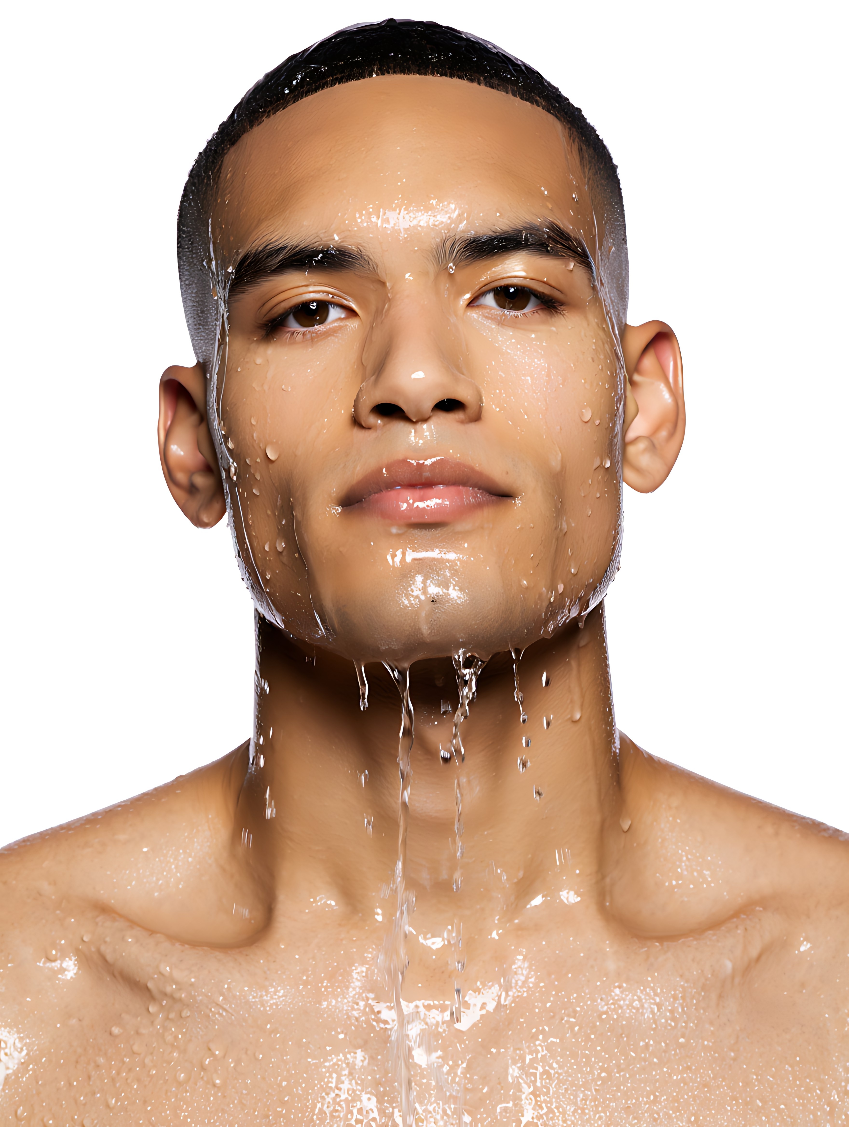 A young man’s face is captured in a close-up portrait, with water droplets cascading down his neck and chest, highlighting his wet skin and short hair.